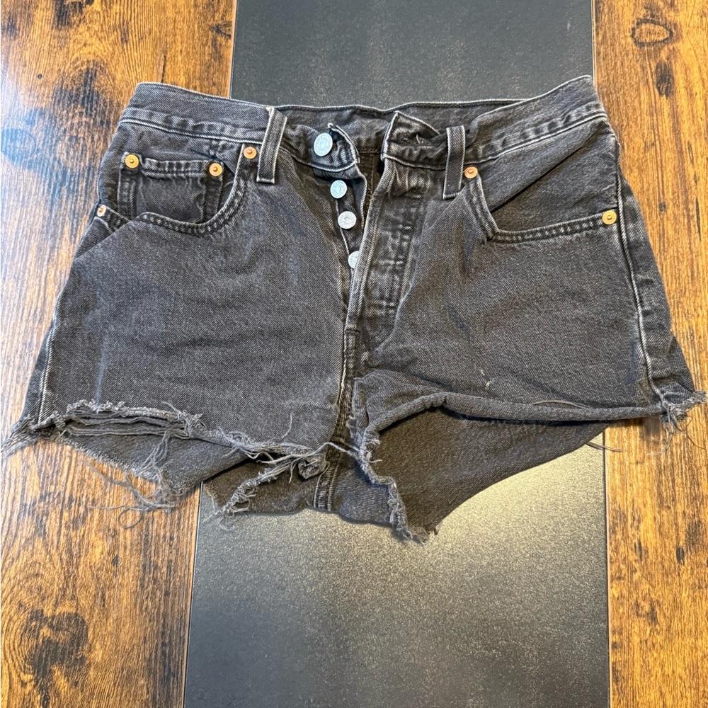 Levi's Button Fly 501 Charcoal Frayed Jean Shorts